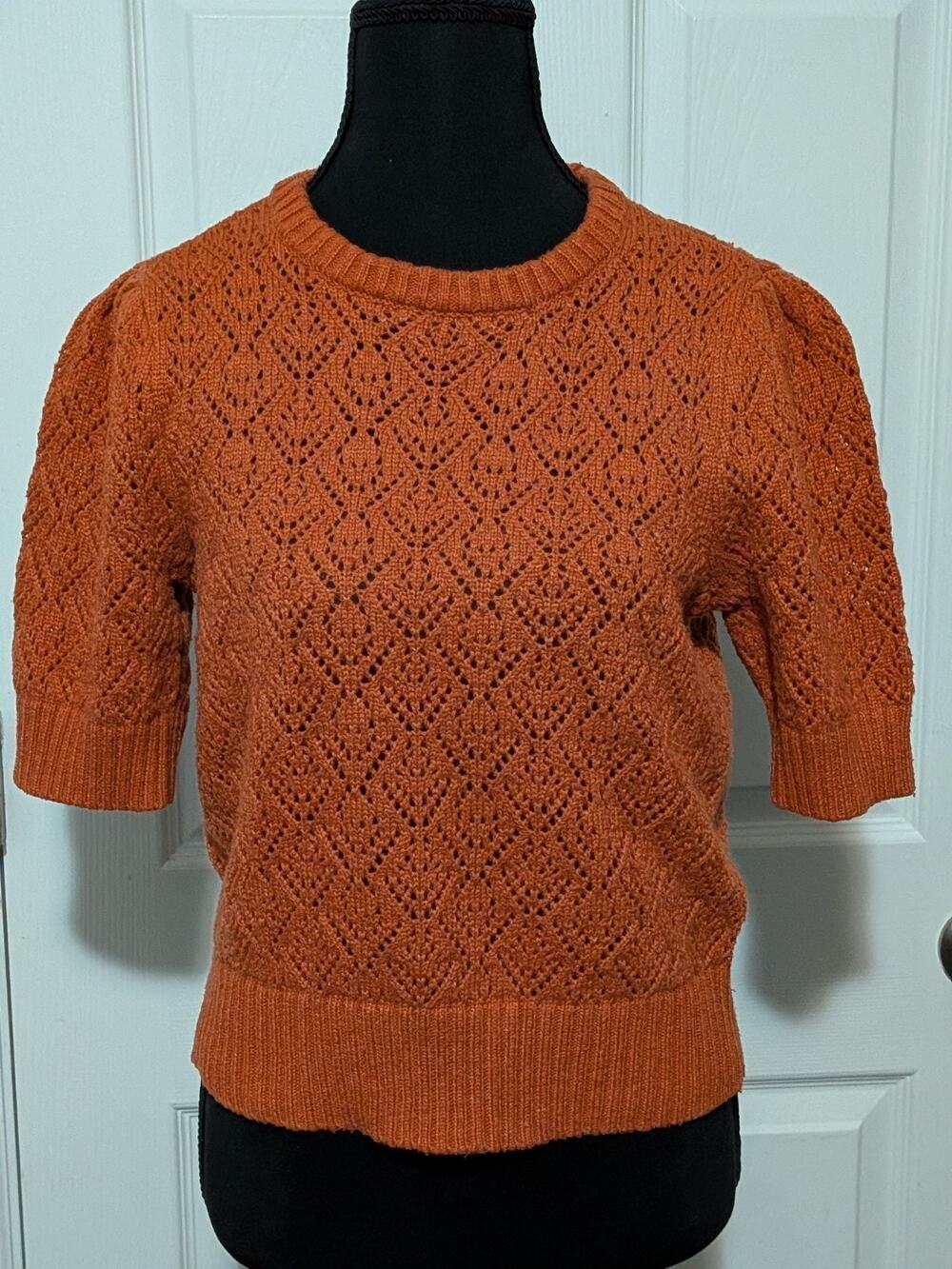 Marled Pointelle Knit Short Puff Sleeve Sweater L Rust Burnt Orange Open Stitch